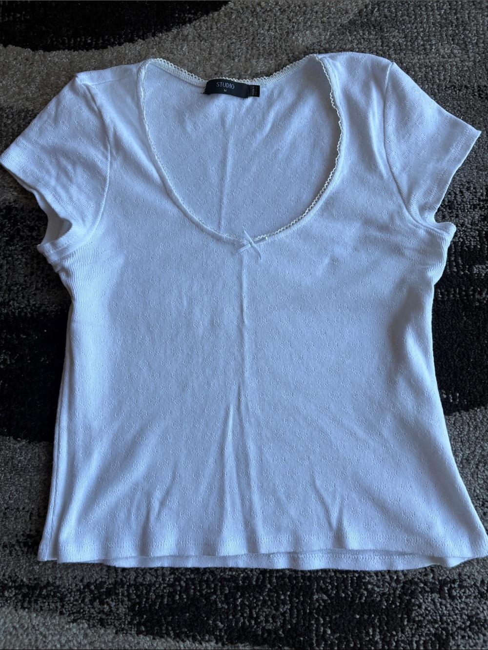 Studio White Cotton Scoop Neck Short Sleeve Tee with Picot Trim